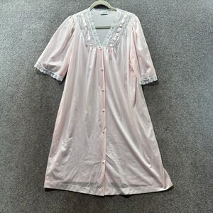 Vintage Lorraine Pink Nylon Nightgown Robe Lace‎ Floral Pearl Button Medium USA